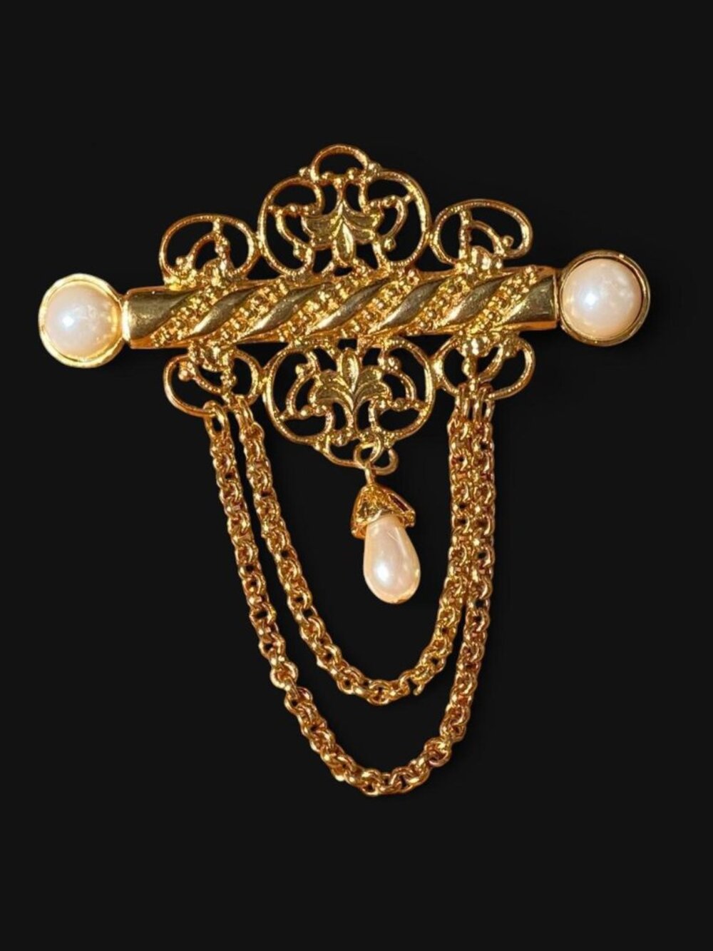 Vintage Signed MJ ENT Gold Faux Pearl Bar Brooch Pin Dangle Chains Victorian EUC